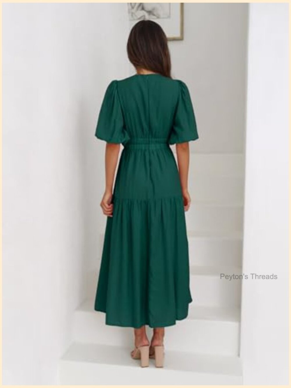 Deep V Neck Puff Short Sleeve Maxi Dress Flowy Tiered Boho Summer Dress - Picture 6 of 7